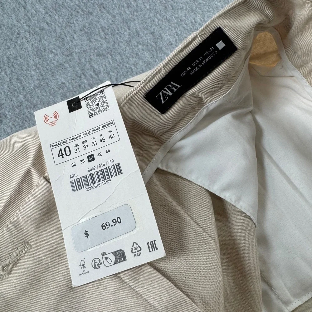 Zara Man Wide Leg Pleated Trousers Beige Tan Pants 6332/616/710 Mens 31 NWT